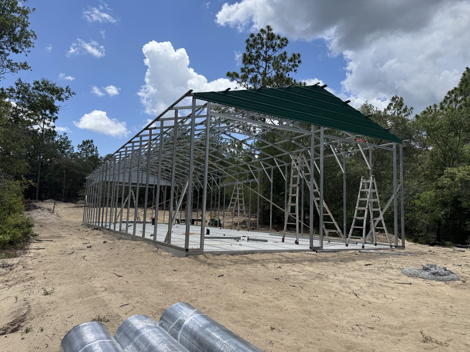 Metal building construction in progress